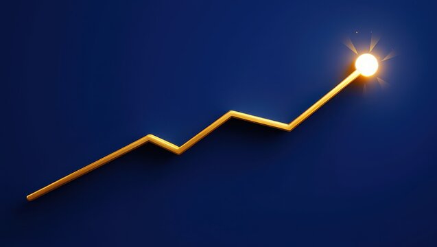 Golden arrow pointing up on blue background, business growth concept