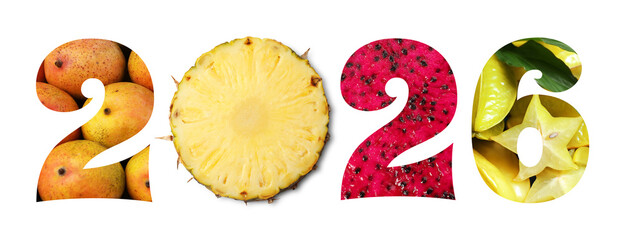2026 numbers made of fruits on white background. New Year banner