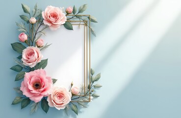 Pink roses and green leaves frame a golden rectangle on soft blue background. Delicate floral border adds elegance. Perfect for invitations and cards.