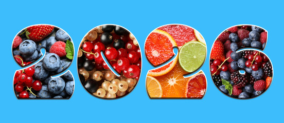 2026 numbers with fruits and berries inside on blue background. New Year banner