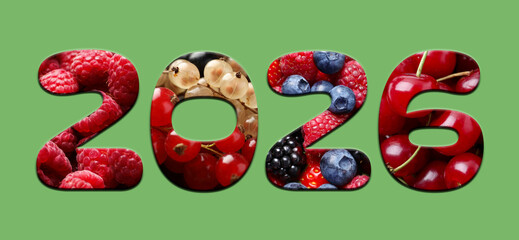 2026 numbers with berries inside on green background. New Year banner