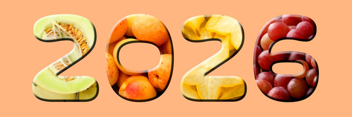 2026 numbers with fruits inside on pink beige background. New Year banner