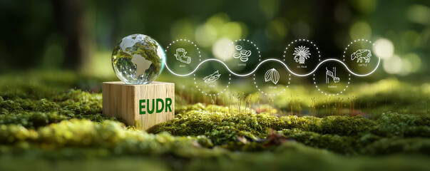 EUDR Regulation, Sustainable Global Trade and Forest Protection. A glass globe on a wooden block with EUDR text and the icons of key commodities; wood, soy, coffee, cocoa, oil palm, rubber and cattle.