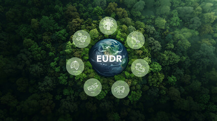 EUDR, Sustainable Supply Chain and Deforestation. Earth globe surrounded by icons of key EUDR commodities; coffee, cocoa, soy, cattle, rubber, wood, palm oil. Sustainable trade and forest protection.