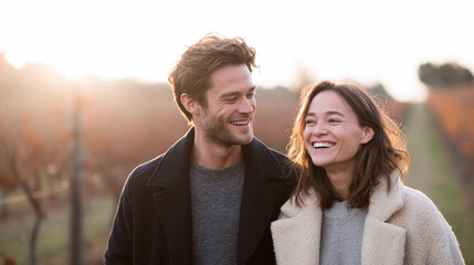 Romantic couple walking outdoors, laughing in the golden light. Represents connection, joy, and autumn. Perfect for lifestyle, travel, relationship, and wellness themes.