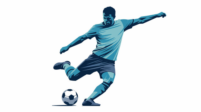 A stylized illustration of a soccer player kicking a ball on a white background in shades of blue