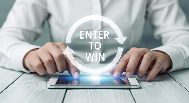 A woman is using a smartphone to enter to win a contest, with the words enter to win displayed on the screen, and her fingers tapping