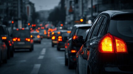 Evening Traffic Jam in Urban City with Rows of Black Cars and Red Brake Lights Illuminating the Road in a Dimly Lit Atmosphere