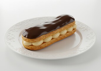 Delicious eclair pastry on a decorative plate isolated on white background
