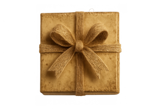 Rustic gift box concept with natural twine bow, wrapped in aged paper, celebrating vintage surprise and thoughtful giving, transparent background