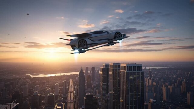 Futuristic flying car takes off from a skyscraper rooftop helipad at sunset, promising a thrilling and innovative future in transportation