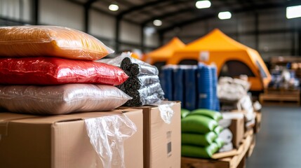 Humanitarian aid supplies and tents preparing for disaster relief