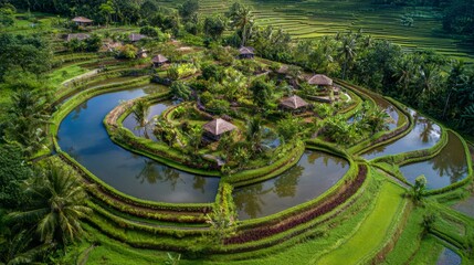Scenic Aerial View of Lush Green Rice Terraces Surrounded by Tropical Landscape with Water Channels and Traditional Houses in Tranquil Environment