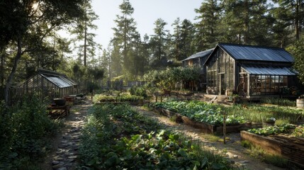 Peaceful organic garden with greenhouses, raised beds, vegetable patches, and sunlit trees in serene countryside setting during early morning light