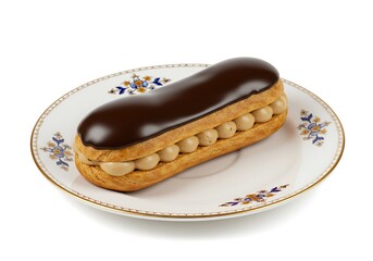 Delicious eclair with chocolate glaze on decorative plate against white background