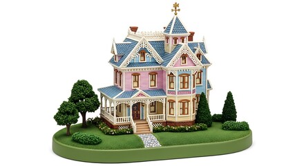 Toy castle on white background with cartoon vector illustration of a cottage building and a tree in a summer landscape