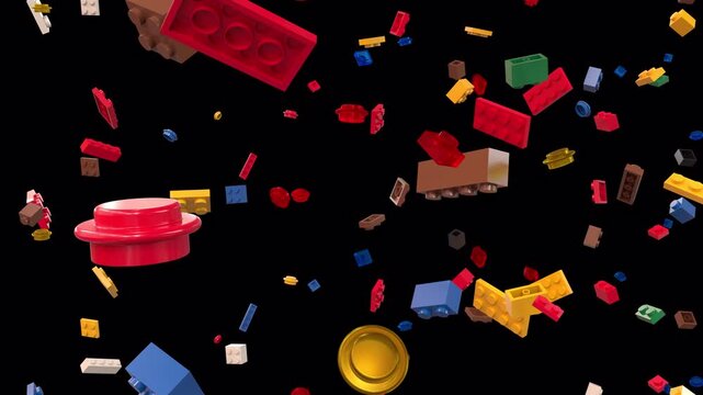 Vibrant colored plastic building blocks falling in seamless loop animation with transparent background, playful toy block rain effect for educational, creative, and children&rsquo;s video overlay projects

