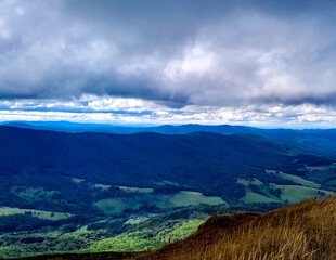 Beautiful view of Bieszczady from mountain top.