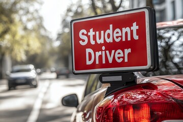 A red car displays a student driver sign on the back, parked on a sunny city street