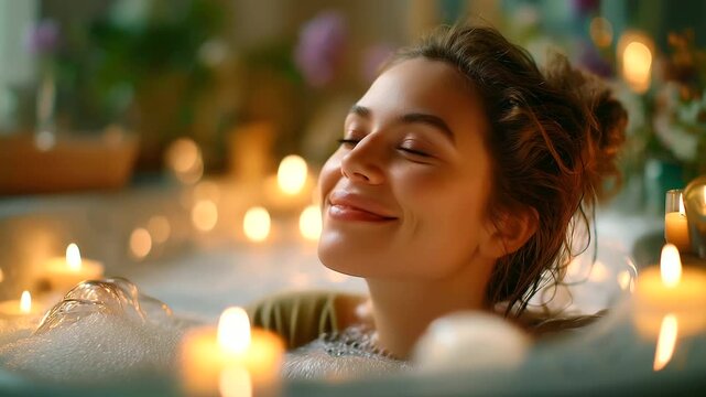 Young woman relaxing in bubble bath surrounded by candles, warm light, stress relief and serenity concept, evening self care, relaxation therapy, wellness bath, calm lifestyle, slo