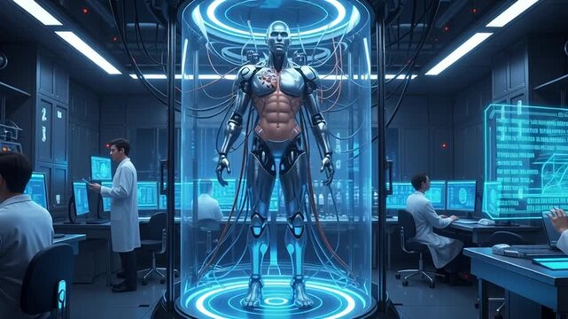 Futuristic cyborg research in a high-tech laboratory with scientists analyzing holographic data screens in a dynamic medical breakthrough scene
