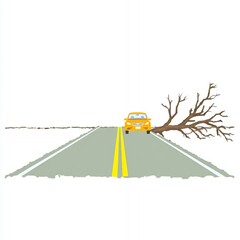 Tree blocking road creates unique scene with a yellow car