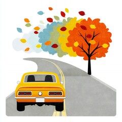 Tree by the road in a flat design style with colorful leaves