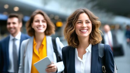 Colleagues traveling on business trip, airport background, teamwork and friendship, professional connection, laughter during travel, business lifestyle, collaboration abroad, with - Powered by Adobe