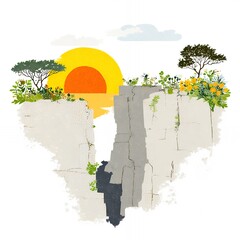 Sunset over a rocky canyon with lush plants and trees