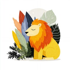 Stylized lion surrounded by vibrant foliage in minimalistic design