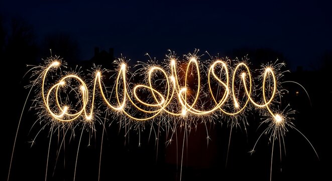 Sparkling light painting creating the word 'holiday' against a dark night sky