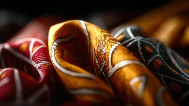Close-up of Inca textile pattern, colorful woven fabric with geometric designs in red, gold, black, and white, in a stylized comic style, flashy and vibrant, hand-drawn thick black