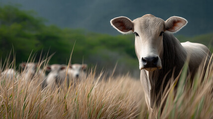 Obraz premium Group of cow standing in wild tall grass field, natural outdoor setting, calm atmosphere, mountain background