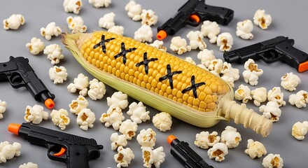 A closeup of a laptop with a computer chip and mouse next to a bowl of fresh white popcorn and a brown chocolate sweet snack