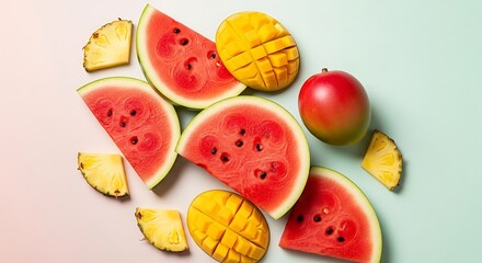 Vibrant mix of tropical fruits: watermelon, mango and pineapple, perfect for summer