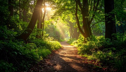 Fototapeta premium Sunlit Path Through a Lush Green Forest.