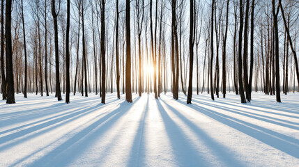 Naklejka premium Winter forest with bare trees and long shadows in sunlight