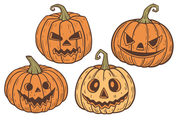 Realistic Carved Orange Pumpkins with Spooky Jack-o'-Lantern Faces – 3D Halloween Digital Art