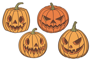 Realistic Carved Orange Pumpkins with Spooky Jack-o'-Lantern Faces – 3D Halloween Digital Art