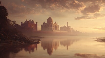 Majestic Taj Mahal Reflection in Serene Morning Light at Dawn
