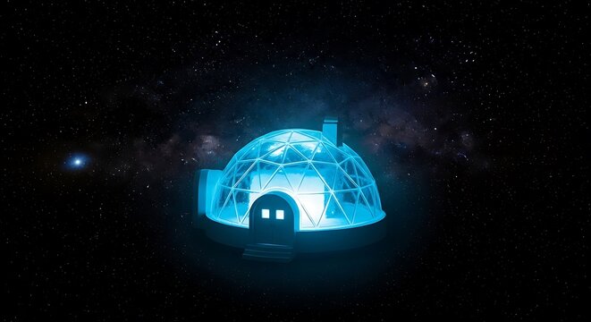 A blue light bulb concept in the dark sky of space represents global energy technology and an innovative idea for the universe