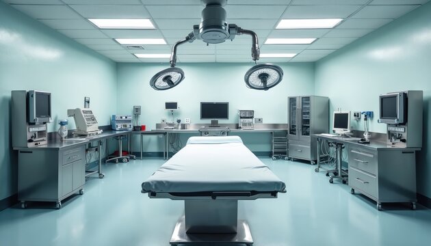 Sterile operating room with surgical bed table and medical equipment. Modern technology in healthcare setting. Professional medical tools for operations in clinic or hospital.