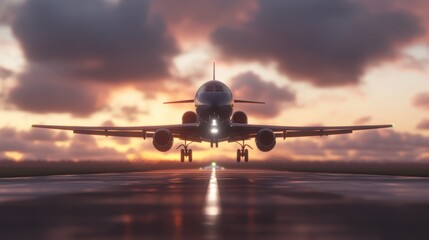 Airplane landing at sunset: travel and adventure concept