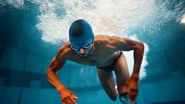 Determined swimmer with prosthetic leg trains for competition in clear blue water showcasing strength and resilience