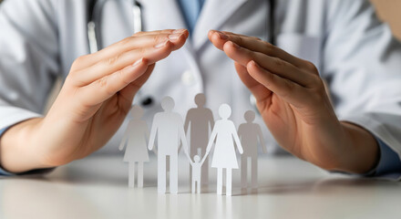 Medical professional's hands gently protect a paper cut-out family, symbolizing healthcare and insurance coverage