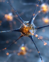 Futuristic neural network with glowing holographic synapses and gold node, artificial intelligence concept for tech business and innovation

