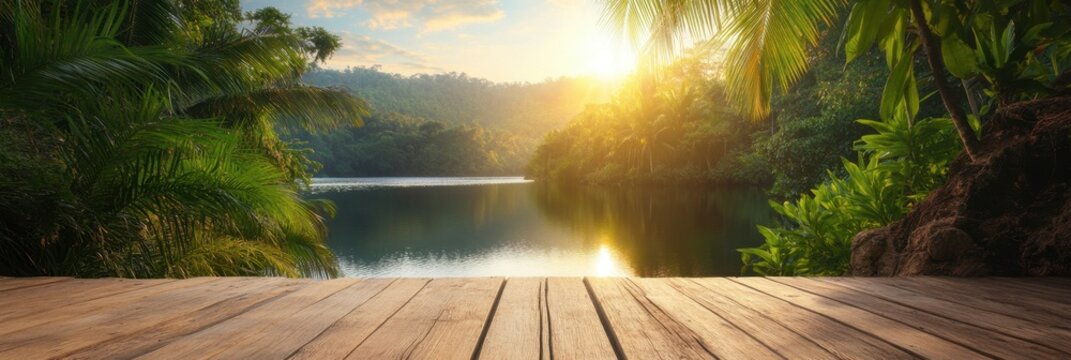 Serene tropical sunrise over lush forest and tranquil lake