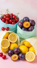 Ripe, red cherry fruit and fresh berries isolated on white for a healthy diet rich in vitamins