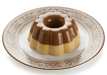 Delicious layered dessert in a decorative bowl on a white background