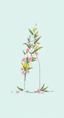 Pink orchid blossom and green leaf vector illustration on an abstract floral background